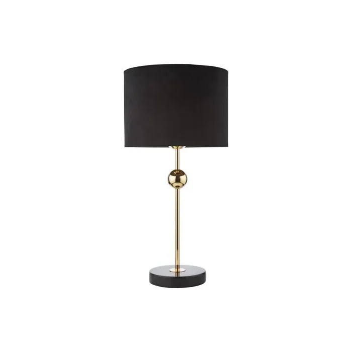 Jillian 1 Light E27 Marble And Polished Gold Table Lamp With Inline Switch C/W 23cm Black Velvet Drum Shade