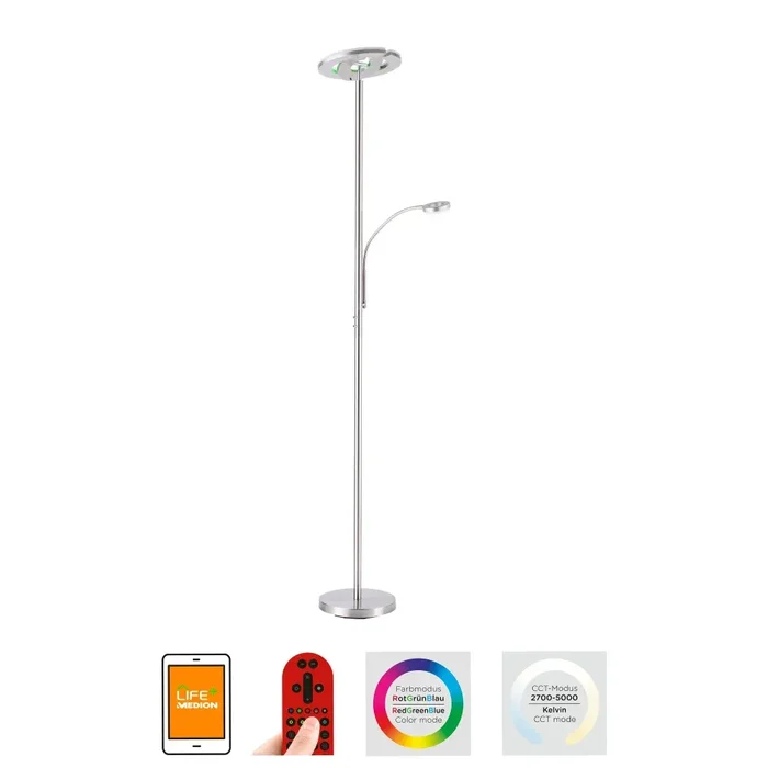 Leuchten-Direkt LOLASMART-ROCCO Floor Lamp LED brushed steel, 1-light source, Remote control
