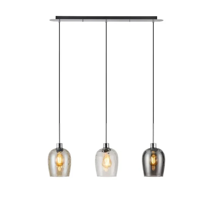Lori Linear Pendant, 3 Light Adjustable E27, Polished Chrome/Champagne/Clear/Smoke Ripple Wine Shades