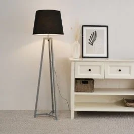 Lottie Grey Wood Tripod Floor Lamp with Black Tapered Shade