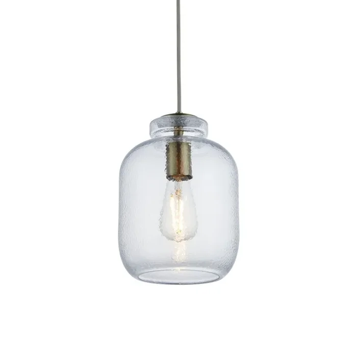 Lyra 1 Light E27 Antique Brass Adjustable Pendant Light With Clear Textured Glass Shade