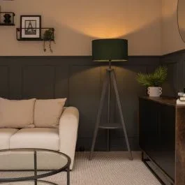 Morrigan Grey Wood Tripod Floor Lamp with Large Forest Green Shade