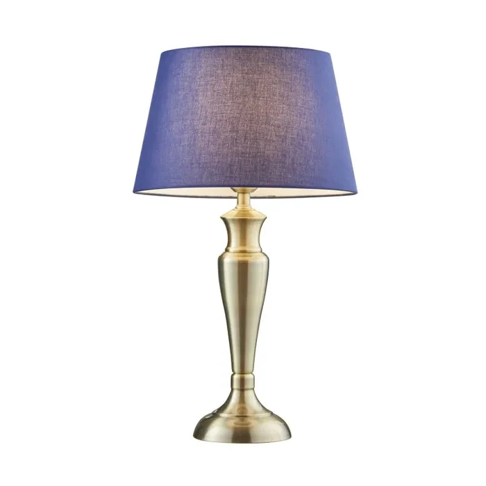 Oslo Large 1 Light E27 Antique Brass Table Lamp C/W Evie 14″ Navy Cotton Tapered Shade