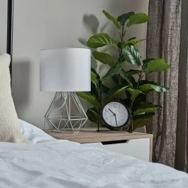 Pair of Angus Brushed Chrome Geometric Table Lamps with White Shades