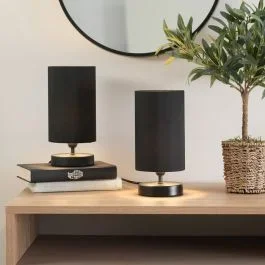 Pair of Francis Matt Black Touch Table Lamps with Black Shade