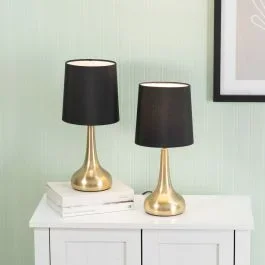 Pair of Teardrop Touch Table Lamps in Brushed Gold with Black Shades