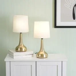 Pair of Teardrop Touch Table Lamps in Brushed Gold with Cream Shades