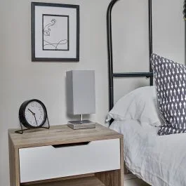 Pair of Value Essentials Yuko Chrome Touch Table Lamps with Cool Grey Shades