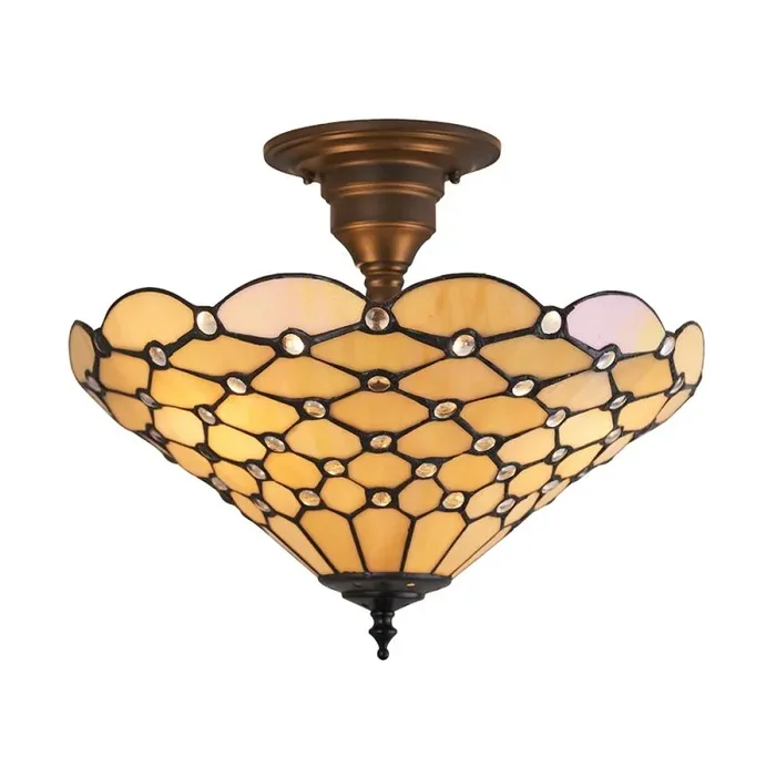 Pearl 3 Light E27 Dark Bronze Semi Flush Fitting C/W Geometric Design Tiffany Shade