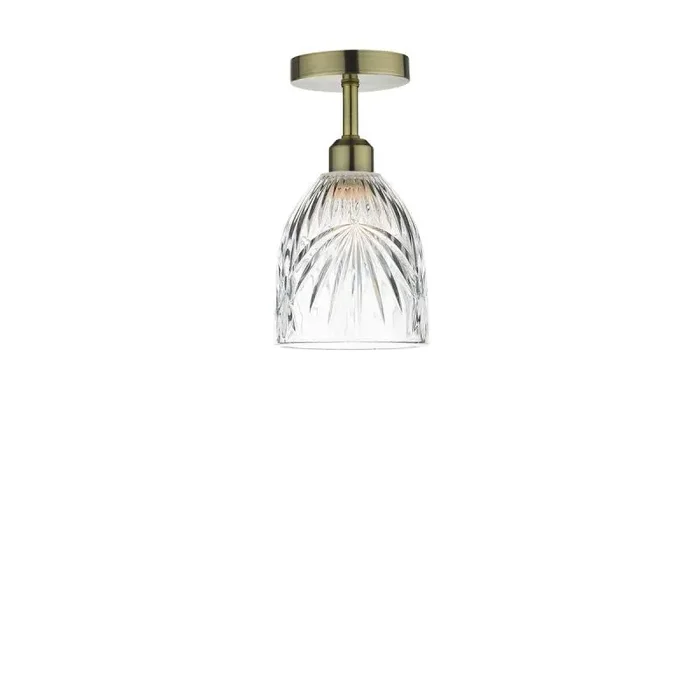 Riva 1 Light E27 Antique Brass Semi Flush Ceiling Fixture C/W Clear Cut Glass Shade With Palm Leaf-Style Engravings