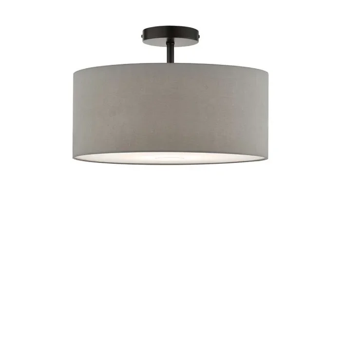 Riva 1 Light E27 Black Semi Flush Ceiling Fixture C/W White Smooth Faux Silk 60cm Drum Shade With Soft White Acrylic Diffuser
