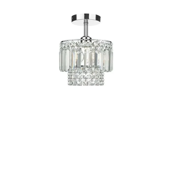 Riva 1 Light E27 Chrome Semi Flush Ceiling Fixture C/W Polished Chrome Shade With Crystal Glass Droppers