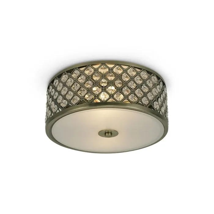 Sasha 2 Light E14, Flush Ceiling Light, 30cm Round, Antique Brass With Crystal Glass And Opal Glass Diffuser