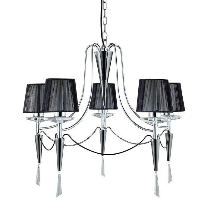 Searchlight Duchess – 5Lt Ceiling, Chrome/Black Chrome, Black String Shades 2085-5Cc