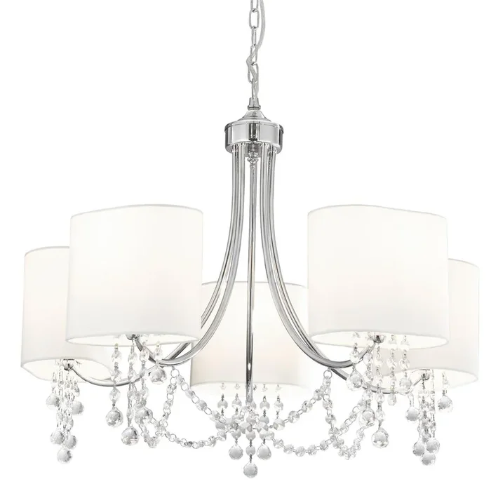 Searchlight Nina – 5Lt Ceiling, Chrome, Clear Crystal, White Shades 1055-5Cc
