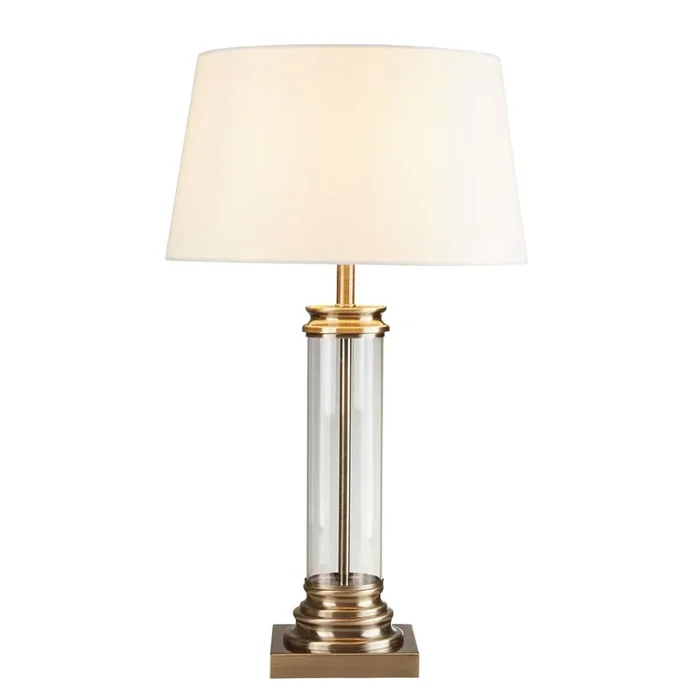 Searchlight Pedestal Table Lamp – Glass Column & Antique Brass Base, Cream Shade 5141Ab