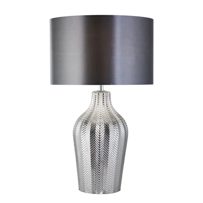 Single Table Lamp Grey Drum Shade/Smoked Ribbed Glass Base Finish