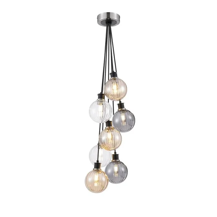 SPECIAL ITEM** Jestero 45cm Round Cluster Pendant, 7 Light E14 With 15cm Segment Glass, Satin Nickel, Amber Plated, Smoke Plated, Clear & Satin Black