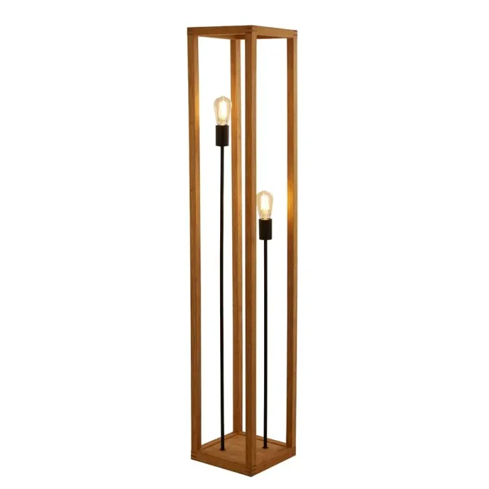 Square 2 Light E27 Floor Lamp Wood With Black Metal