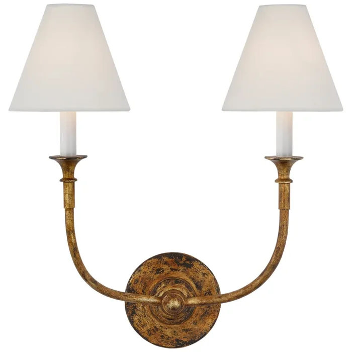 Thomas O’Brien Piaf Double Sconce in Antique Gild with Linen Shades Wall Light W18.5″ x H18.75″TOB 2451AG-L