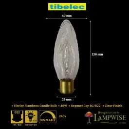 Tibelec 40W 230V BC B22 Flambeau Twisted 40mm Clear Candle