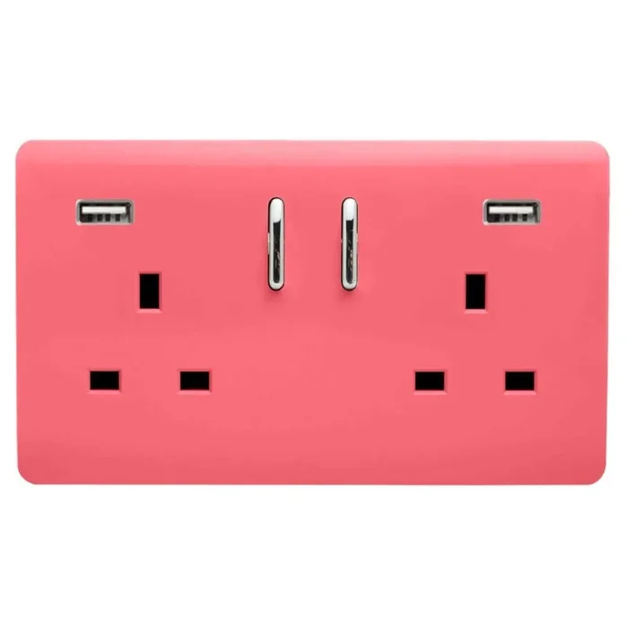 Trendi, Artistic 2 Gang 13Amp Short S/W Double Socket With 2×2.1Mah USB Strawberry Finish, BRITISH MADE, (35mm Back Box Required), 5yrs Warranty