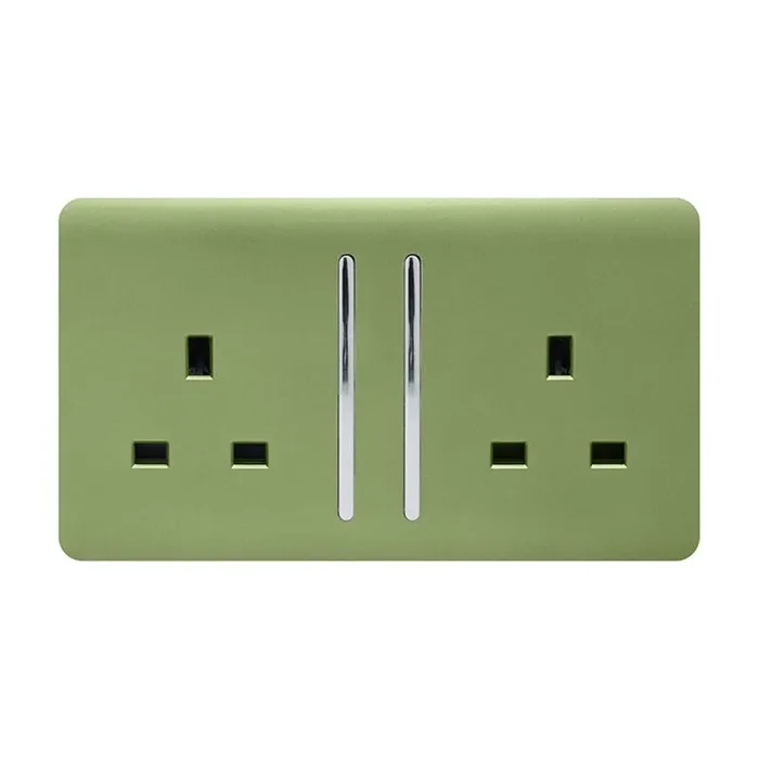 Trendi, Artistic Modern 2 Gang 13Amp Long Switched Double Socket Moss Green Finish, BRITISH MADE, (25mm Back Box Required), 5yrs Warranty