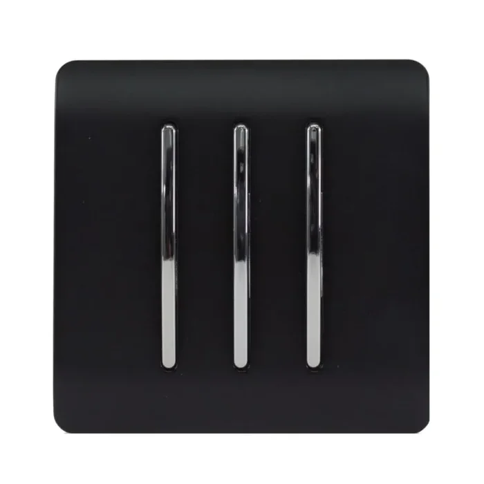 Trendi, Artistic Modern 3 Gang 2 Way 10 Amp Rocker Matt Black Finish, BRITISH MADE, (25mm Back Box Required), 5yrs Warranty