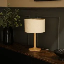 Triston Light Wood Table Lamp with Small Boucle Reni Shade in Cream