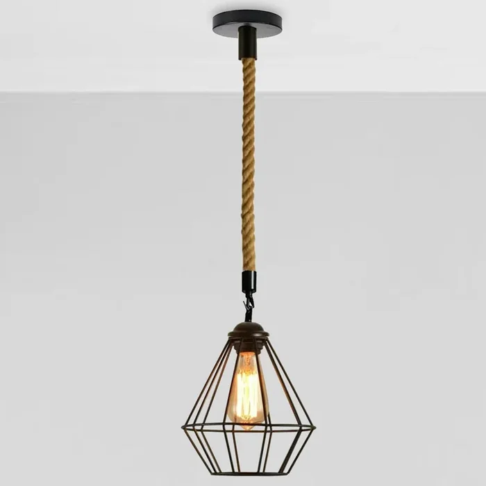 Vintgae E27 Industrial Pendant Retro Cage Edison Hemp Rope Ceiling Light Fixture~2026