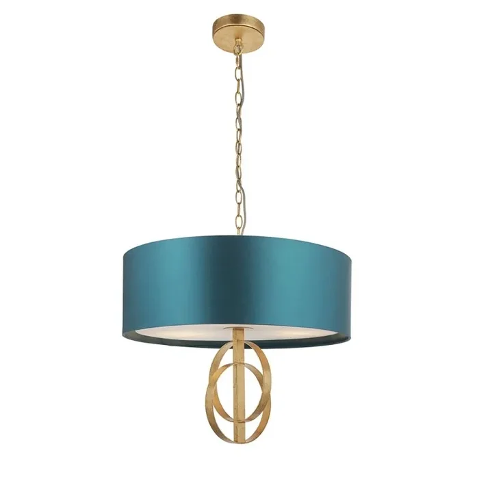 Vitra 3 Light E27 Gold Leaf Double Hoop Adjustable Ceiling Light C/W Teal Shade